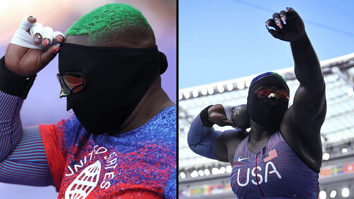 Olympic shot putter who wears full face mask 'almost quit' after 18 month ban for missing three drugs tests