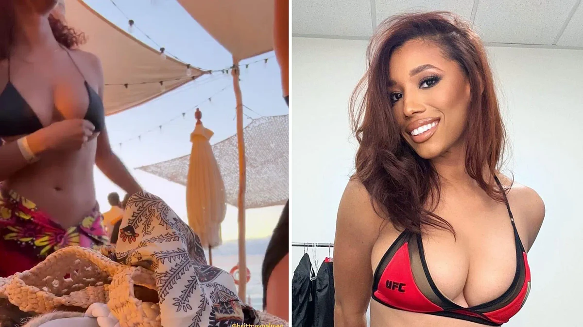 Stunning UFC octagon girl Brookliyn Wren risks wardrobe malfunction as she dances around in tiny bikini