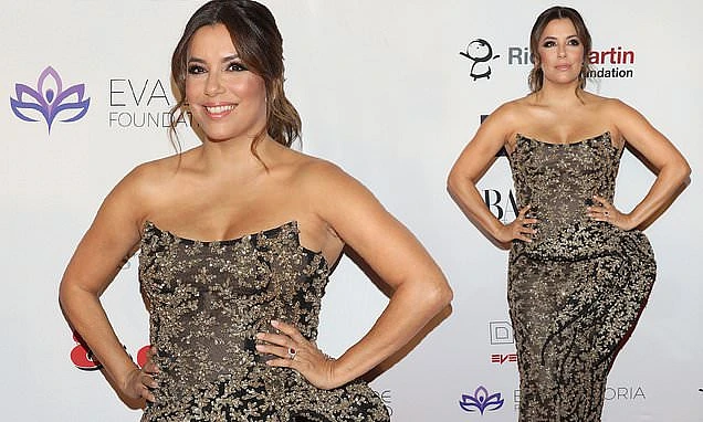 Eva Longoria oozes glamour in a strapless glittering semi-sheer gown for Global Gift Gala in Mexico