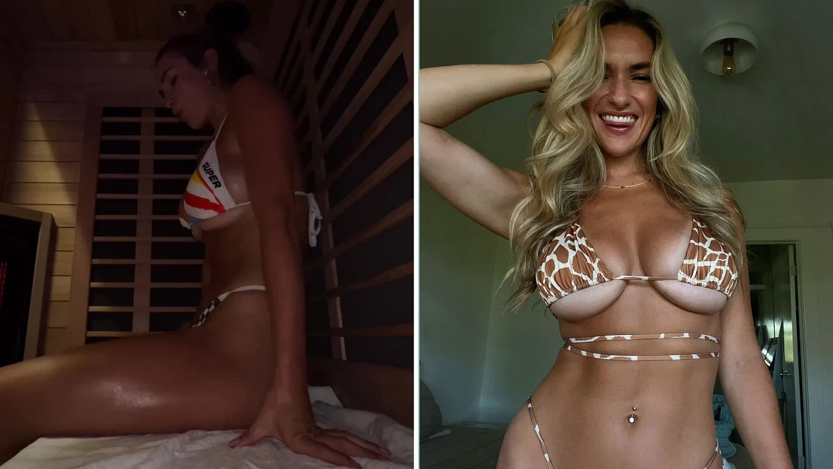 Kayla Simmons films herself in sauna wearing just barely-there thong bikini