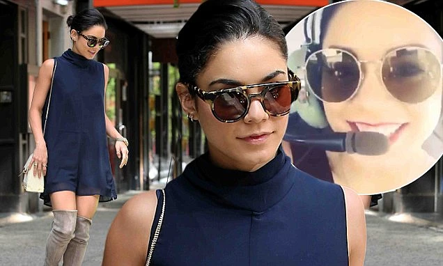 Vanessa Hudgens wears thigh-high boots as she flies back to New York in a helicopter to perform on Broadway