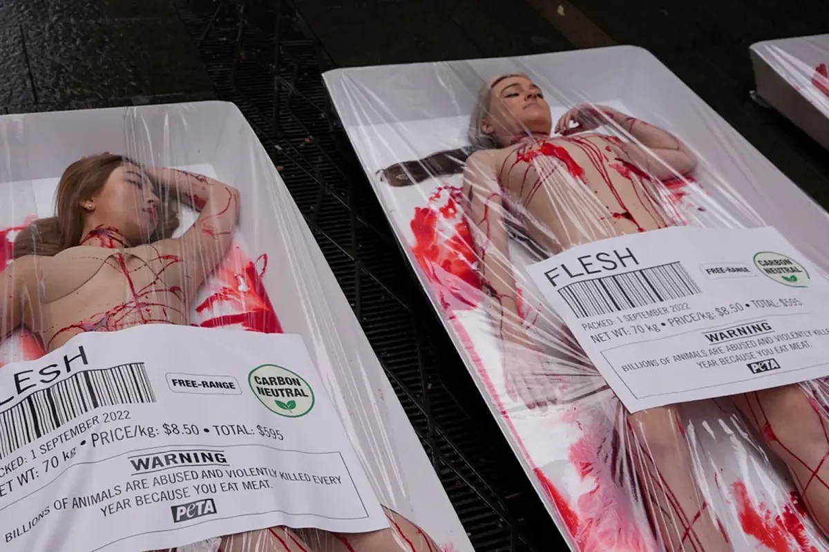 Vegan activist Tash Person joins PETA for ‘human meat tray’ animal rights protest