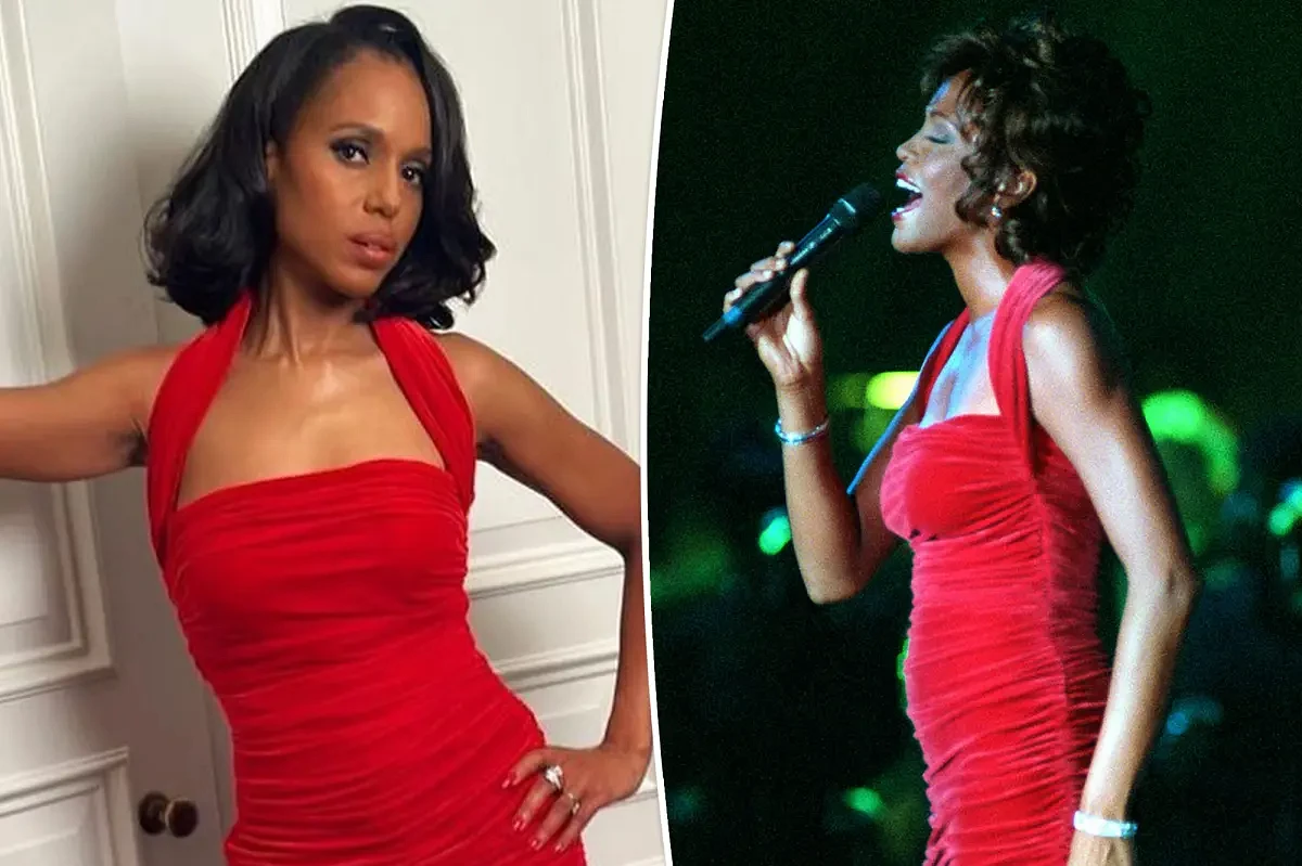 Kerry Washington wears Whitney Houston’s red velvet dress from 1996